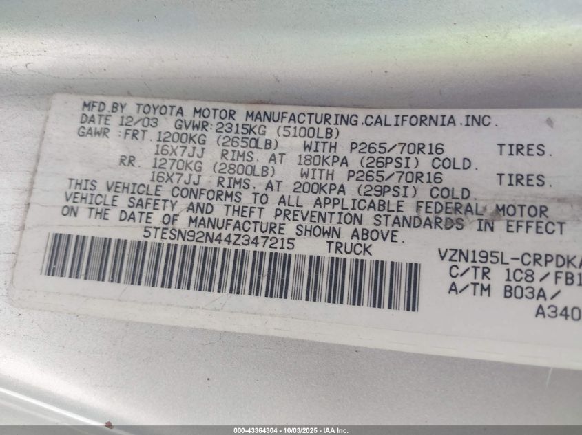 2004 Toyota Tacoma Prerunner V6 VIN: 5TESN92N44Z347215 Lot: 43364304