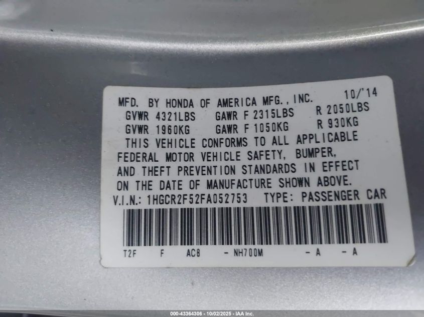 2015 Honda Accord Sport VIN: 1HGCR2F52FA052753 Lot: 43364306