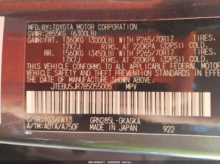 2011 Toyota 4Runner Sr5 V6 VIN: JTEBU5JR7B5055005 Lot: 43364311