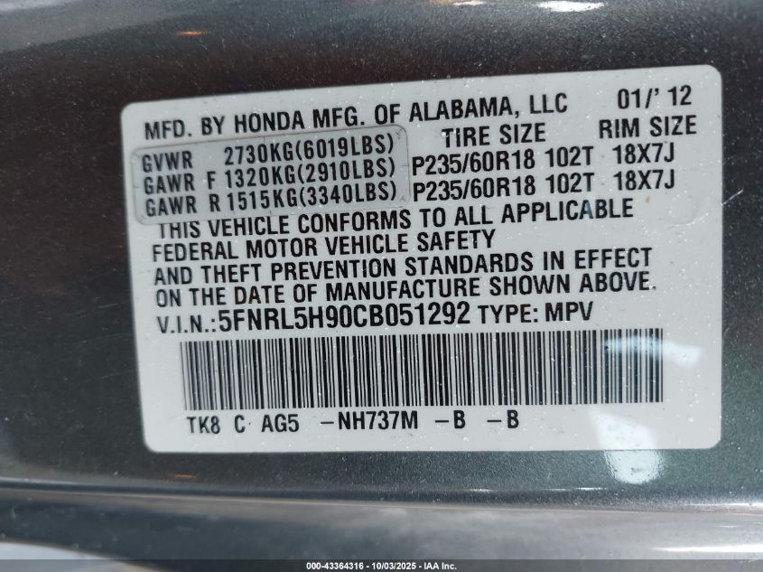 2012 Honda Odyssey Touring/Touring Elite VIN: 5FNRL5H90CB051292 Lot: 43364316