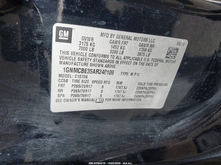 2010 Chevrolet Tahoe Lt VIN: 1GNMCBE35AR248109 Lot: 43364319