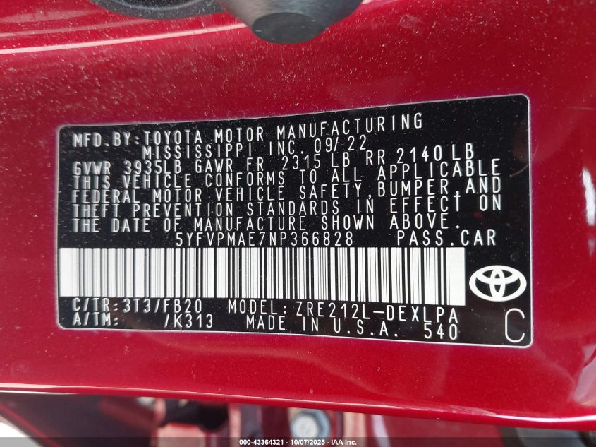 2022 Toyota Corolla Le VIN: 5YFVPMAE7NP366828 Lot: 43364321