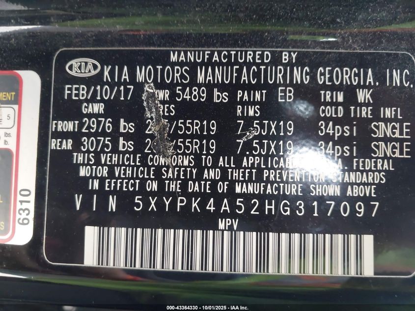 2017 Kia Sorento 3.3L Sx VIN: 5XYPK4A52HG317097 Lot: 43364330