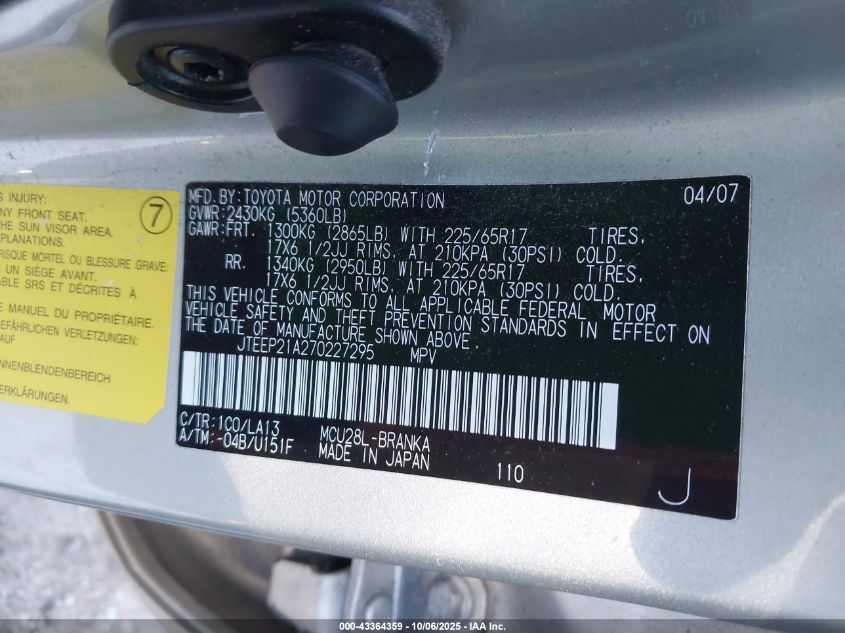 2007 Toyota Highlander Limited V6 VIN: JTEEP21A270227295 Lot: 43364359