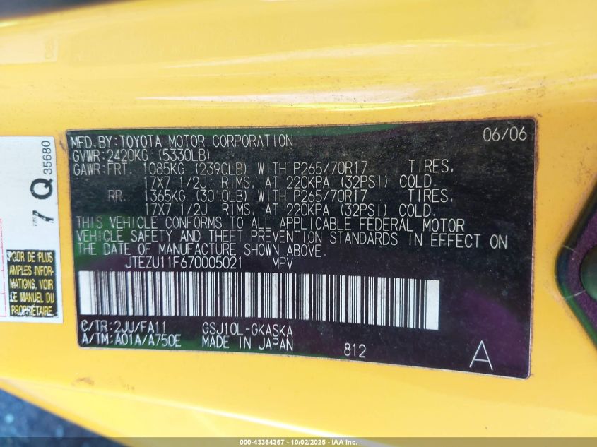 2007 Toyota Fj Cruiser VIN: JTEZU11F670005021 Lot: 43364367