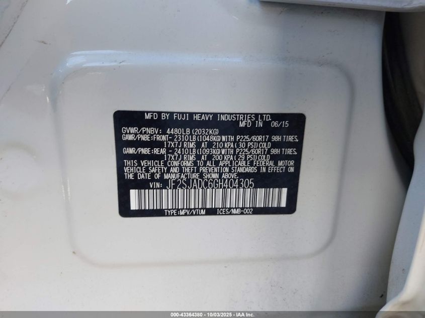 2016 Subaru Forester 2.5I Premium VIN: JF2SJADC6GH404305 Lot: 43364380