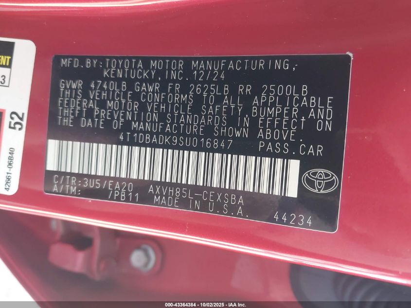 2025 Toyota Camry Se VIN: 4T1DBADK9SU016847 Lot: 43364384