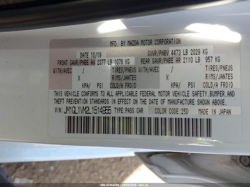 2020 Mazda Mazda6 Touring VIN: JM1GL1VM2L1514955 Lot: 43364386