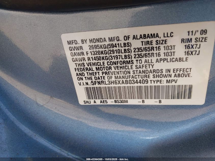 2010 Honda Odyssey Ex-L VIN: 5FNRL3H6XAB034409 Lot: 43364389