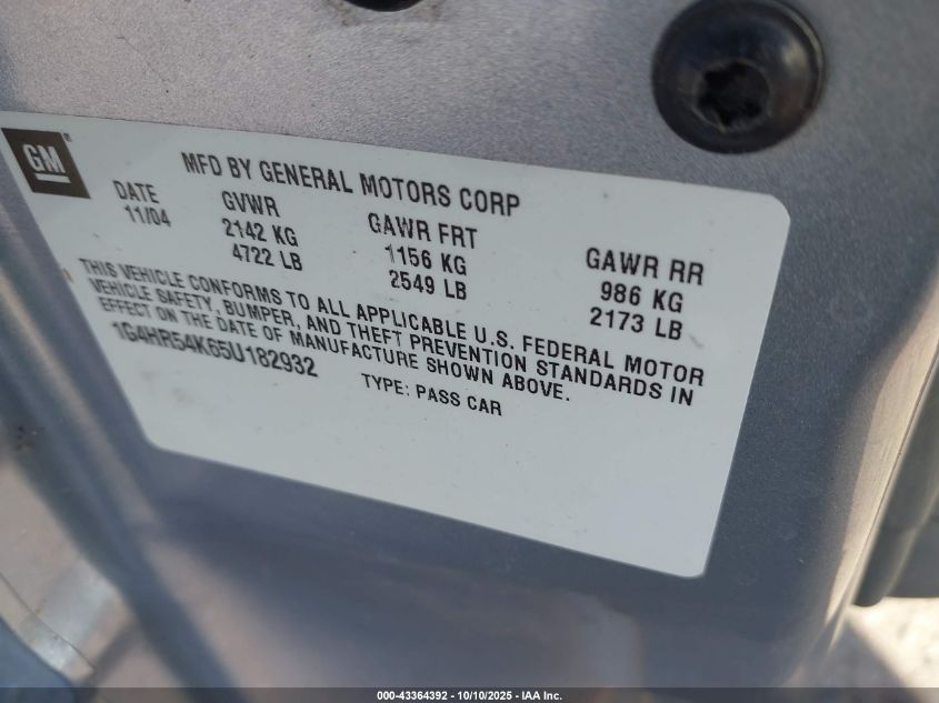 2005 Buick Lesabre Limited VIN: 1G4HR54K65U182932 Lot: 43364392