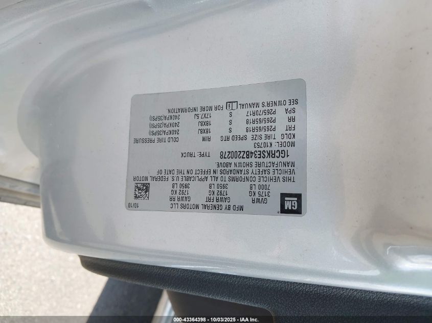 2011 Chevrolet Silverado 1500 Lt VIN: 1GCRKSE34BZ200278 Lot: 43364398