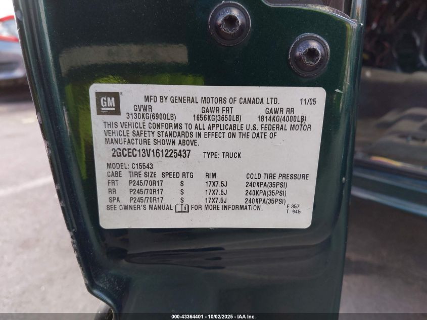 2006 Chevrolet Silverado 1500 Ls VIN: 2GCEC13V161225437 Lot: 43364401