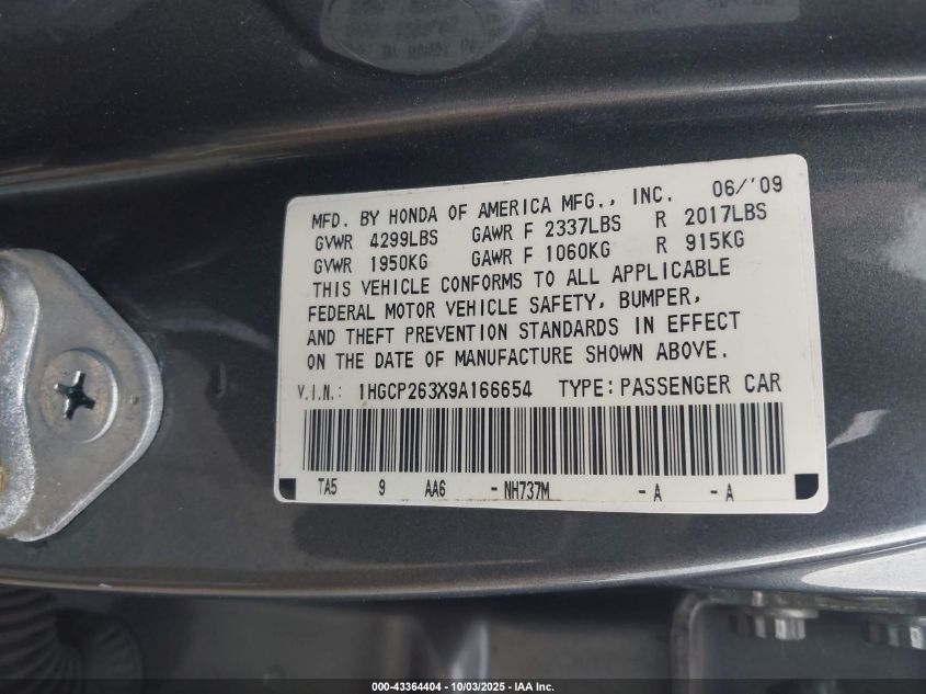 2009 Honda Accord 2.4 Lx VIN: 1HGCP263X9A166654 Lot: 43364404