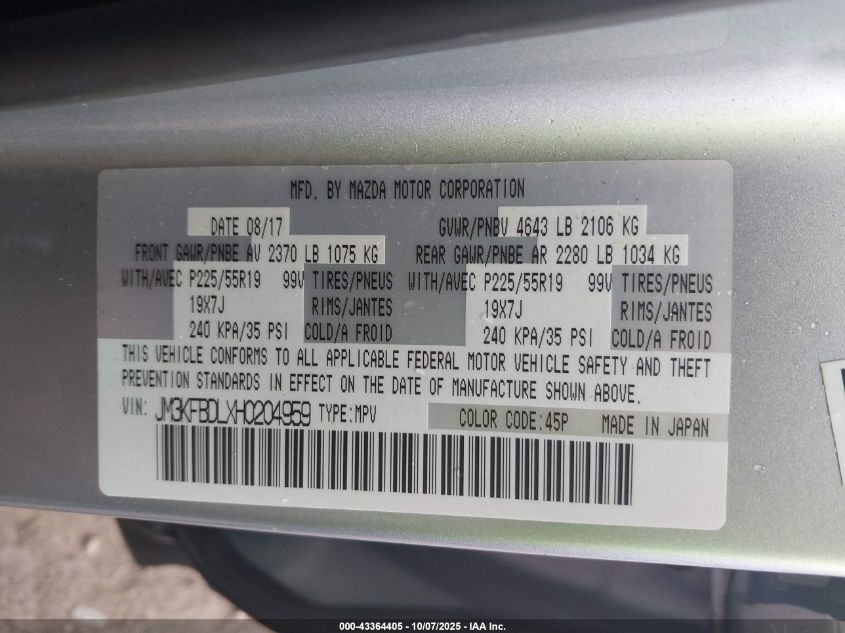 2017 Mazda Cx-5 VIN: JM3KFBDLXH0204959 Lot: 43364405