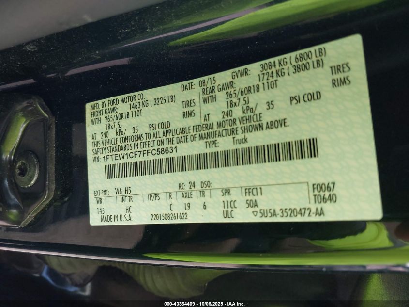 2015 Ford F-150 Lariat VIN: 1FTEW1CF7FFC58631 Lot: 43364409