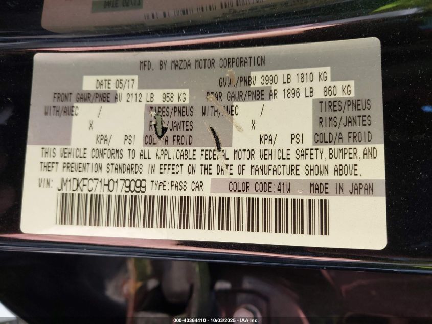 2017 Mazda Cx-3 Touring VIN: JM1DKFC71H0179099 Lot: 43364410