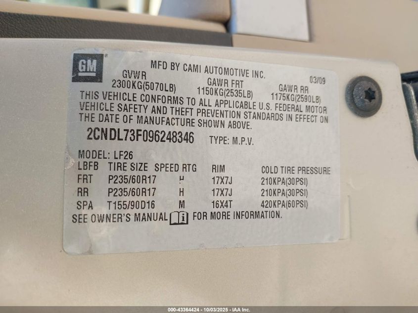 2009 Chevrolet Equinox Ltz VIN: 2CNDL73F096248346 Lot: 43364424