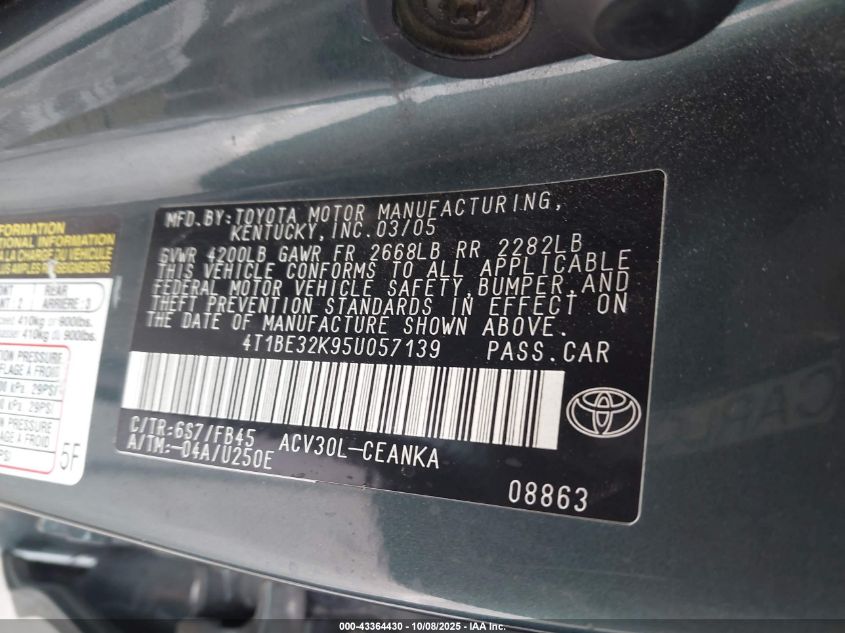 2005 Toyota Camry Le VIN: 4T1BE32K95U057139 Lot: 43364430