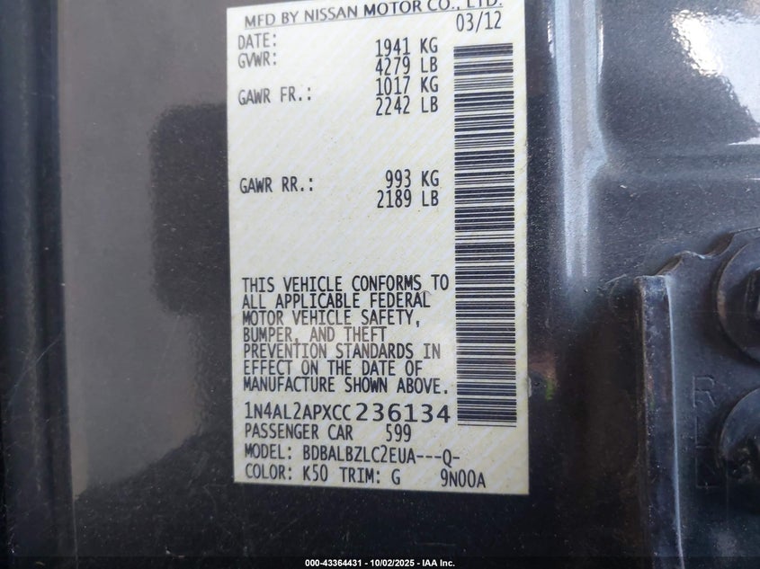 2012 Nissan Altima 2.5 S VIN: 1N4AL2APXCC236134 Lot: 43364431