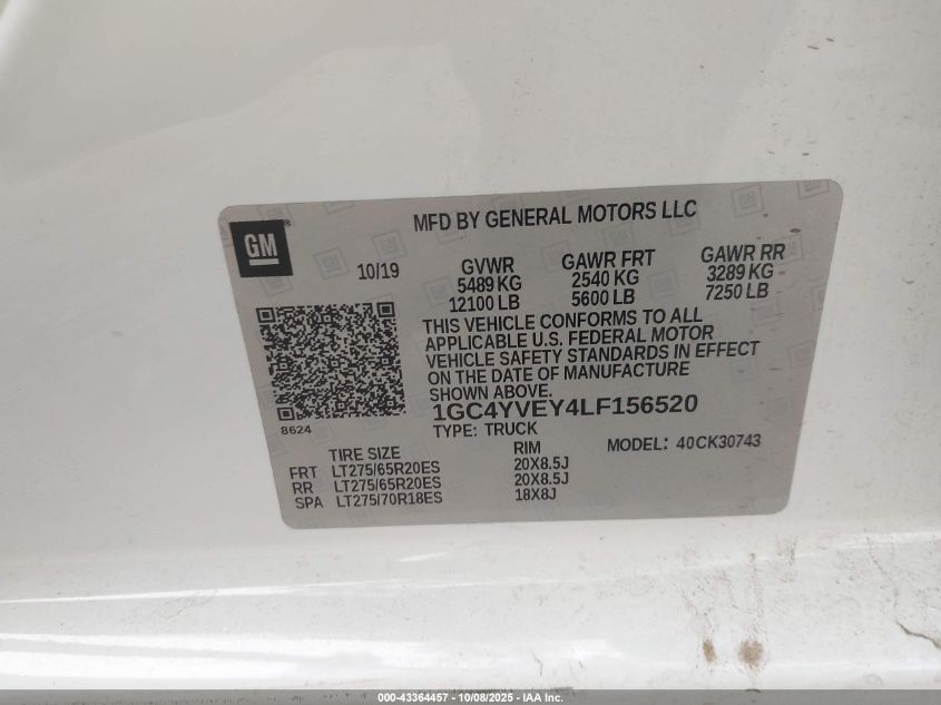 2020 Chevrolet Silverado 3500Hd 4Wd Standard Bed High Country VIN: 1GC4YVEY4LF156520 Lot: 43364457