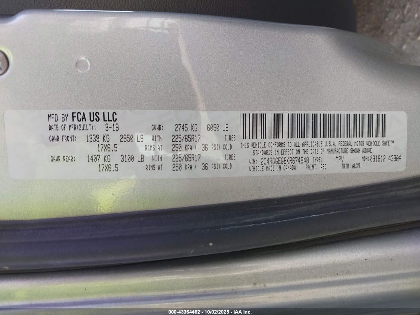 2019 Dodge Grand Caravan Gt VIN: 2C4RDGEG8KR674948 Lot: 43364462