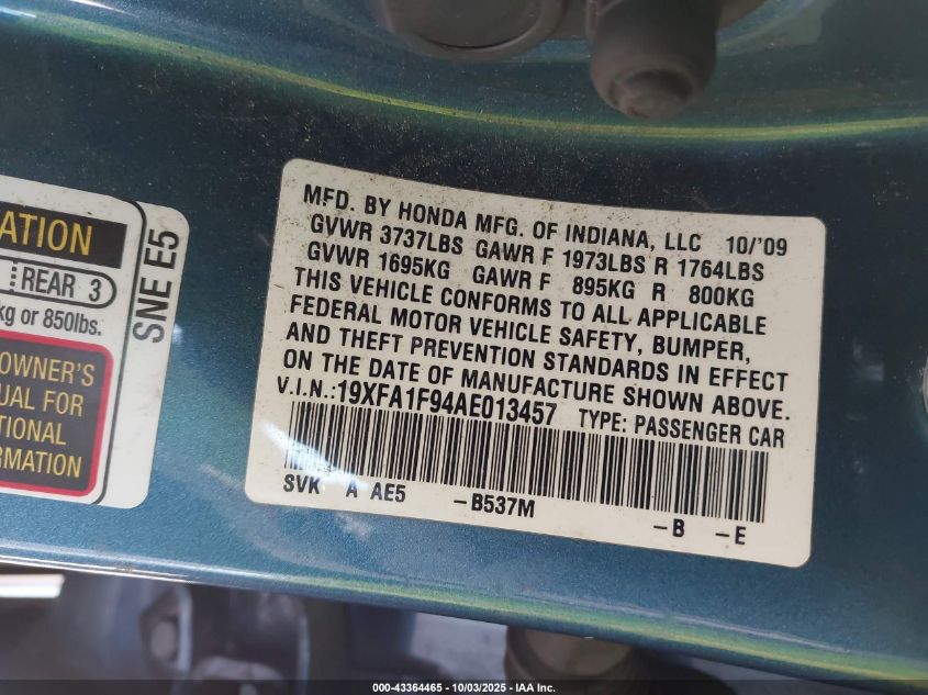 2010 Honda Civic Ex-L VIN: 19XFA1F94AE013457 Lot: 43364465