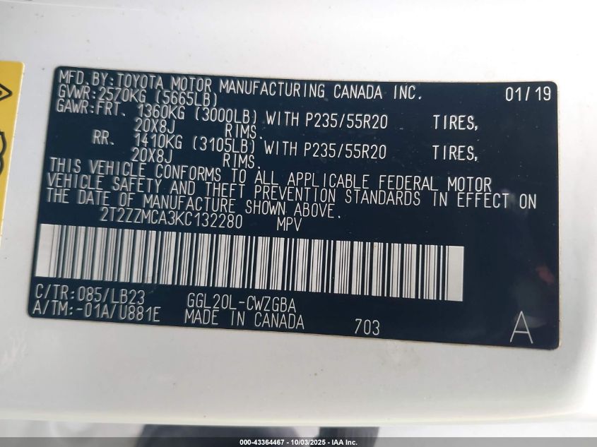 2019 Lexus Rx 350 VIN: 2T2ZZMCA3KC132280 Lot: 43364467