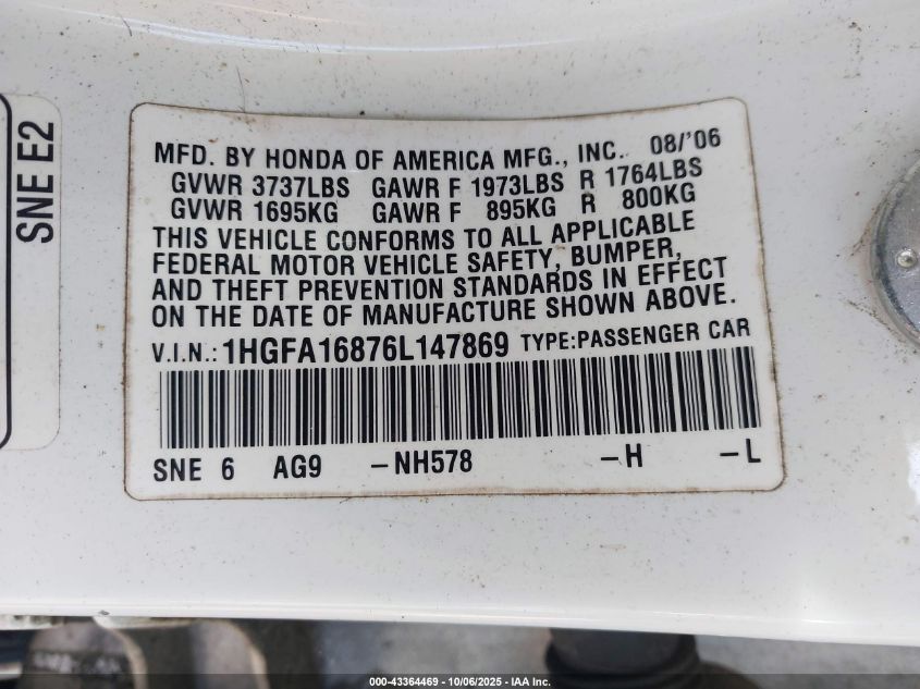2006 Honda Civic Ex VIN: 1HGFA16876L147869 Lot: 43364469