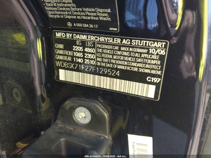 2007 Mercedes-Benz Sl550 VIN: WDBSK71F129524 Lot: 43364470