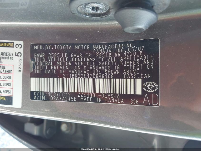 2007 Toyota Corolla S VIN: 2T1BR32E17C848168 Lot: 43364473