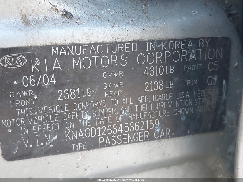 2004 Kia Optima Ex/Lx VIN: KNAGD126345362159 Lot: 43364475