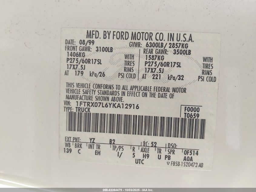 2000 Ford F-150 Lariat/Xl/Xlt VIN: 1FTRX07L6YKA12916 Lot: 43364479