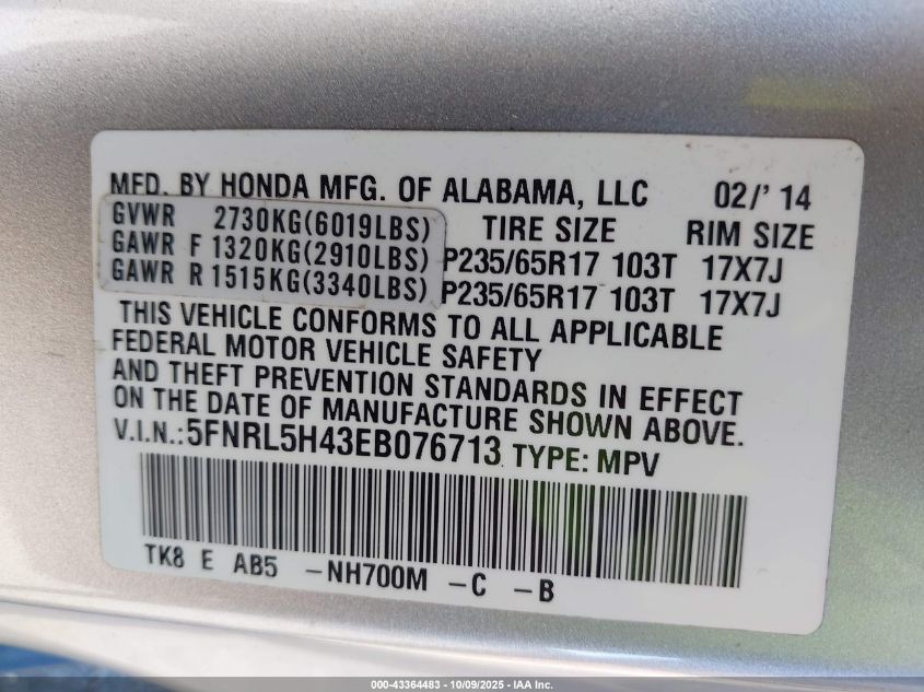 2014 Honda Odyssey Ex VIN: 5FNRL5H43EB076713 Lot: 43364483