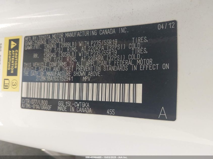 2012 Lexus Rx 350 VIN: 2T2BK1BA1CC152941 Lot: 43364485