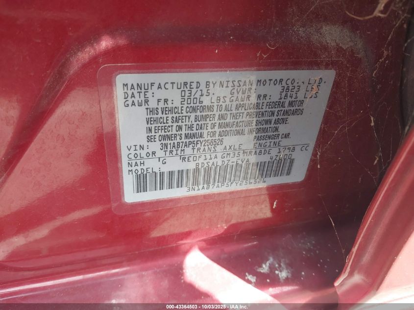 2015 Nissan Sentra VIN: 3N1AB7AP5FY256526 Lot: 43364503