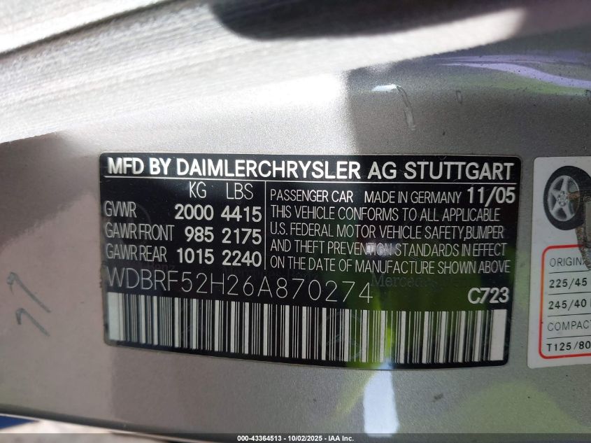 2006 Mercedes-Benz C 230 Sport VIN: WDBRF52H26A870274 Lot: 43364513