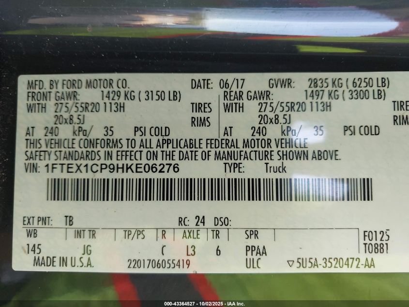 2017 Ford F-150 Xl VIN: 1FTEX1CP9HKE06276 Lot: 43364527