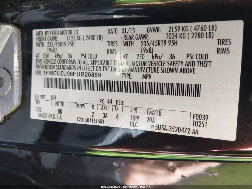 2015 Ford Escape Titanium VIN: 1FMCU0J96FUB26889 Lot: 43364529