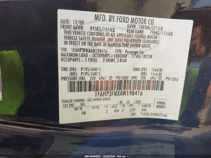 2010 Ford Focus Se VIN: 1FAHP3FNXAW198416 Lot: 43364532