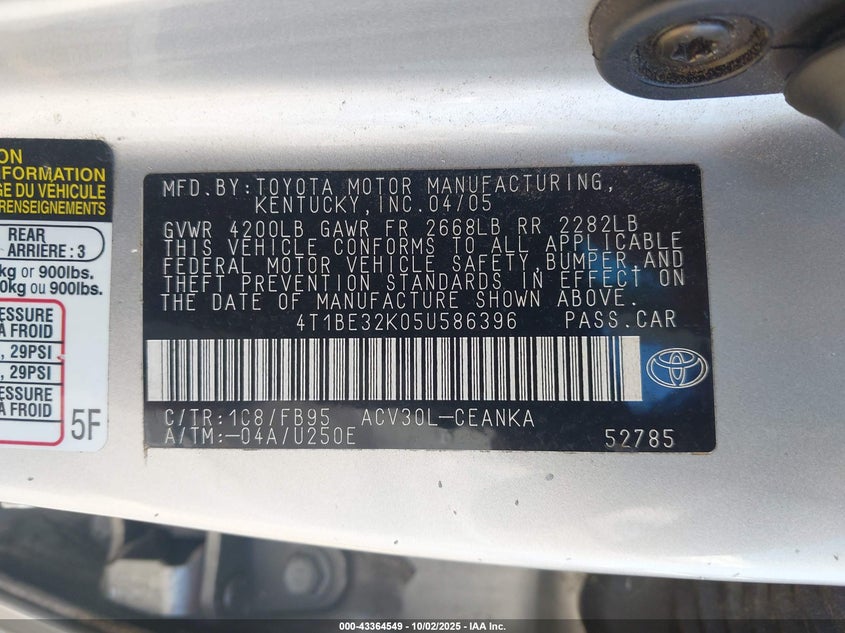 4T1BE32K05U586396 2005 TOYOTA CAMRY photo no. 9