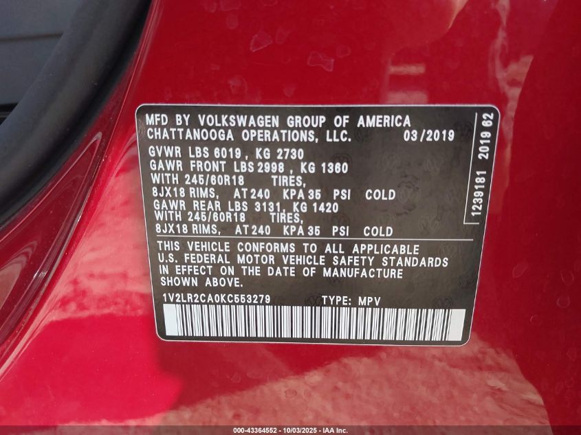 2019 Volkswagen Atlas 3.6L V6 Se VIN: 1V2LR2CA0KC553279 Lot: 43364552