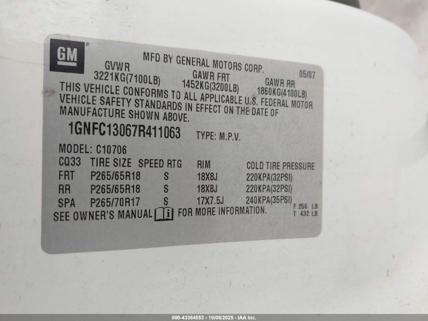 2007 Chevrolet Tahoe Lt VIN: 1GNFC13067R411063 Lot: 43364553