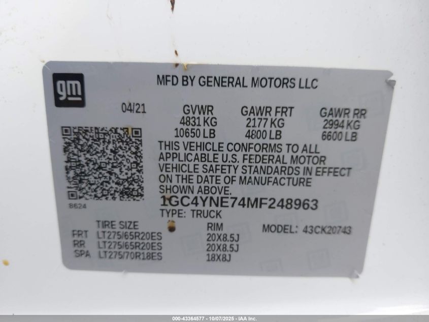 2021 Chevrolet Silverado 2500Hd 4Wd Standard Bed Lt VIN: 1GC4YNE74MF248963 Lot: 43364577