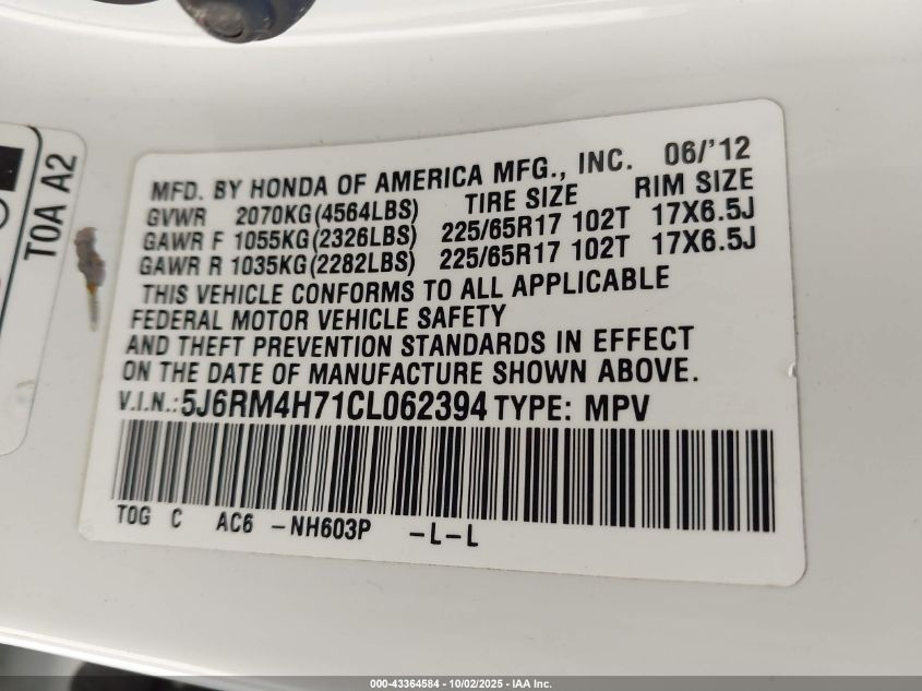 2012 Honda Cr-V Ex-L VIN: 5J6RM4H71CL062394 Lot: 43364584