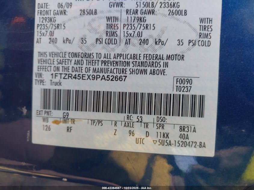 2009 Ford Ranger Fx4 Off-Road/Sport/Xlt VIN: 1FTZR45EX9PA52667 Lot: 43364587