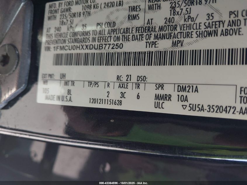 2013 Ford Escape Sel VIN: 1FMCU0HXXDUB77250 Lot: 43364596