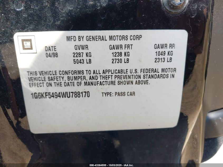 1998 Cadillac Deville Concours VIN: 1G6KF5494WU788170 Lot: 43364599