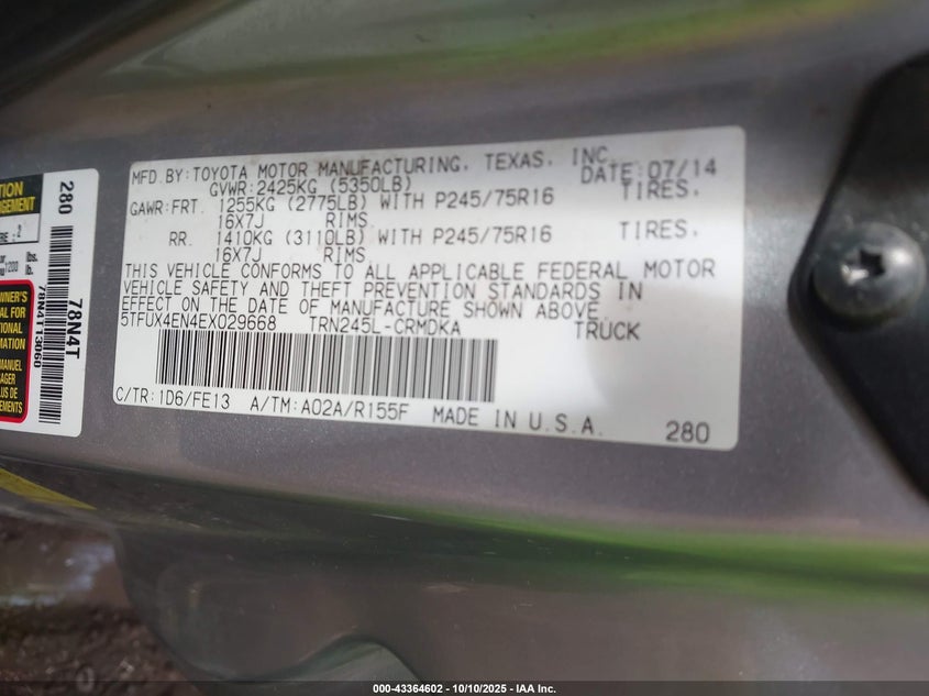 2014 TOYOTA TACOMA 5TFUX4EN4EX029668