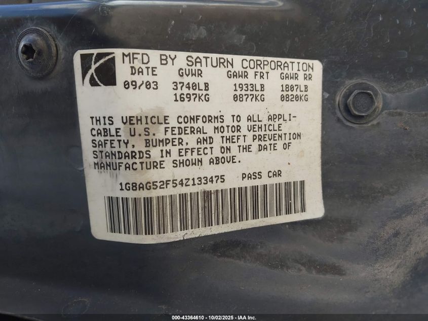 2004 Saturn Ion 1 VIN: 1G8AG52F54Z133475 Lot: 43364610