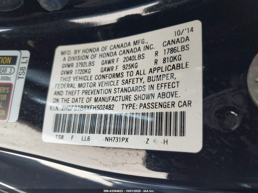 2015 Honda Civic Ex VIN: 2HGFG3B8XFH502482 Lot: 43364622